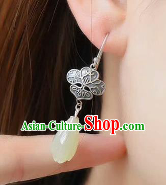 Handmade China National Jade Mangnolia Earrings Traditional Jewelry Cheongsam Eardrop Silver Accessories