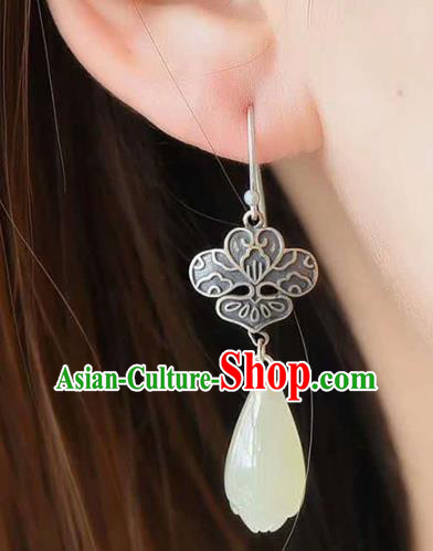 Handmade China National Jade Mangnolia Earrings Traditional Jewelry Cheongsam Eardrop Silver Accessories