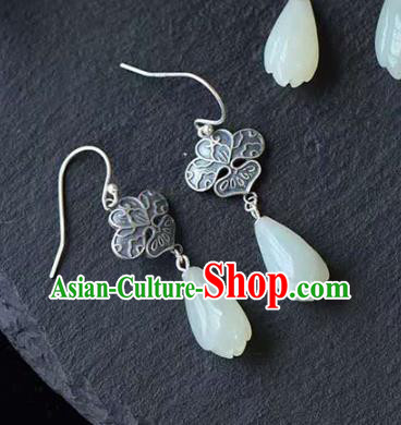 Handmade China National Jade Mangnolia Earrings Traditional Jewelry Cheongsam Eardrop Silver Accessories