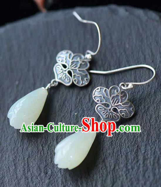 Handmade China National Jade Mangnolia Earrings Traditional Jewelry Cheongsam Eardrop Silver Accessories