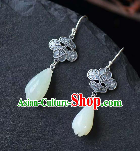Handmade China National Jade Mangnolia Earrings Traditional Jewelry Cheongsam Eardrop Silver Accessories
