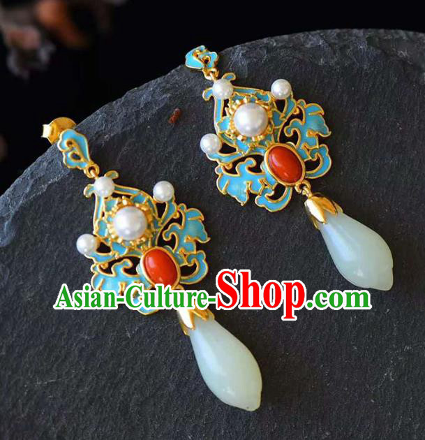 Handmade China Traditional Jewelry Cheongsam Pearls Eardrop Accessories National Jade Mangnolia Earrings