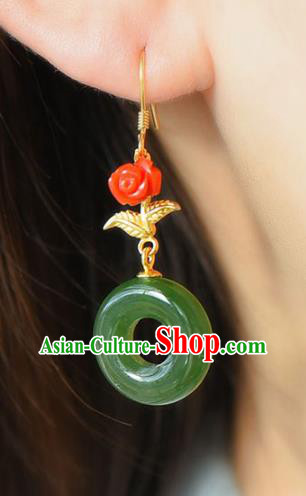 Handmade China Cheongsam Red Rose Eardrop Accessories National Jade Earrings Traditional Jewelry