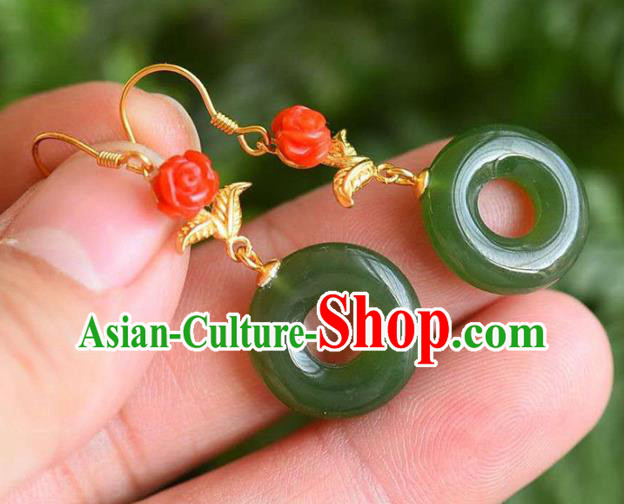Handmade China Cheongsam Red Rose Eardrop Accessories National Jade Earrings Traditional Jewelry