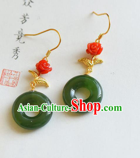 Handmade China Cheongsam Red Rose Eardrop Accessories National Jade Earrings Traditional Jewelry