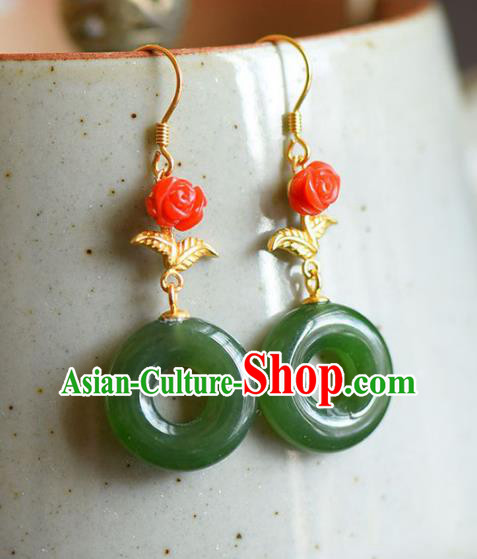 Handmade China Cheongsam Red Rose Eardrop Accessories National Jade Earrings Traditional Jewelry