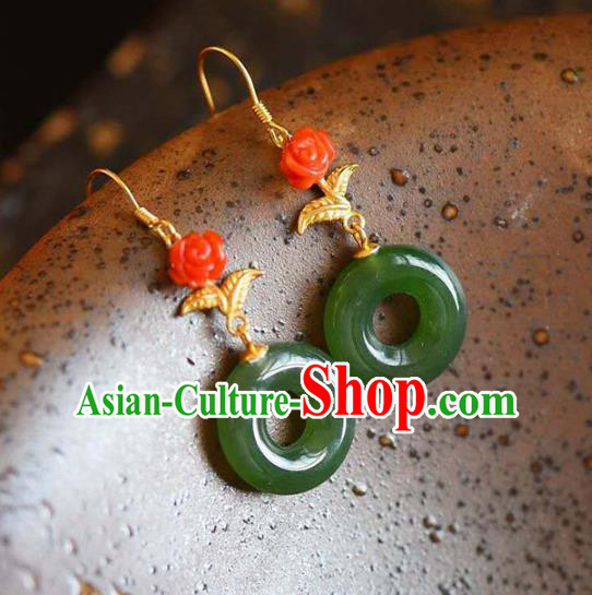 Handmade China Cheongsam Red Rose Eardrop Accessories National Jade Earrings Traditional Jewelry