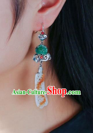 Handmade China Cheongsam Silver Eardrop Accessories Traditional Jewelry National Jadeite Earrings