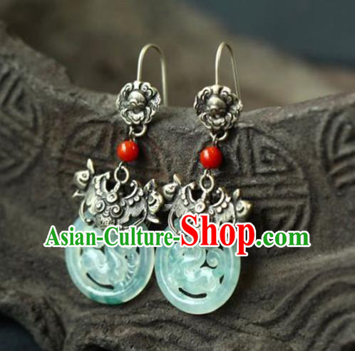 Handmade China Traditional Jade Jewelry Cheongsam Eardrop Accessories National Silver Carving Bat Earrings
