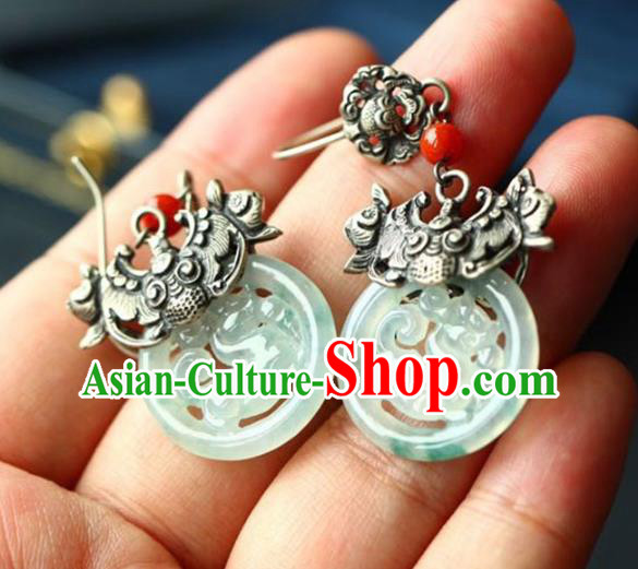 Handmade China Traditional Jade Jewelry Cheongsam Eardrop Accessories National Silver Carving Bat Earrings