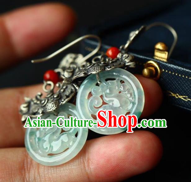 Handmade China Traditional Jade Jewelry Cheongsam Eardrop Accessories National Silver Carving Bat Earrings