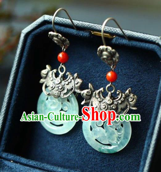 Handmade China Traditional Jade Jewelry Cheongsam Eardrop Accessories National Silver Carving Bat Earrings