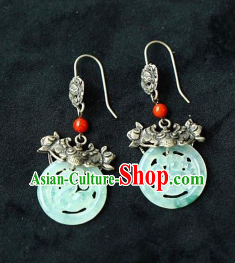 Handmade China Traditional Jade Jewelry Cheongsam Eardrop Accessories National Silver Carving Bat Earrings