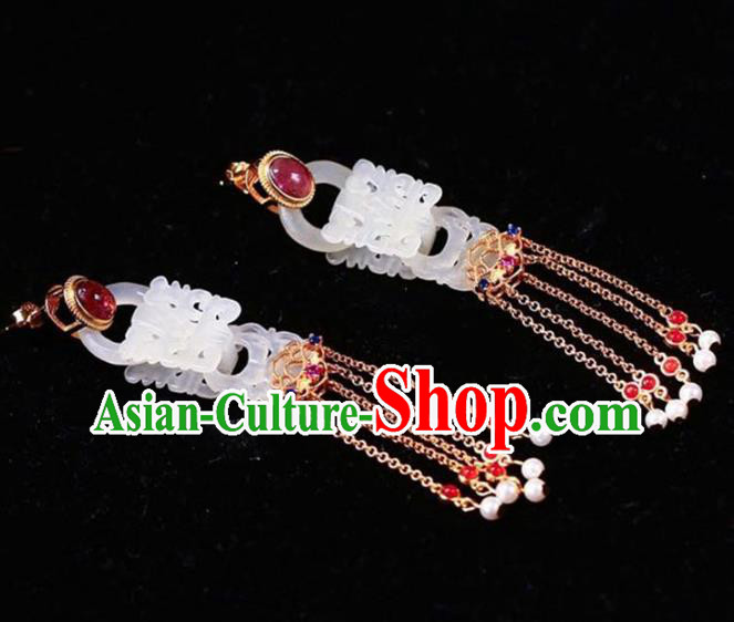 Handmade China National Pink Tourmaline Earrings Traditional Jade Jewelry Cheongsam Tassel Eardrop Accessories