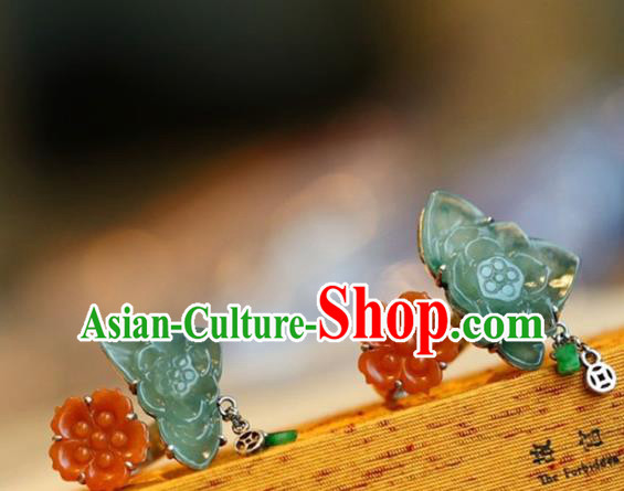 Chinese National Agate Flowers Ring Jewelry Traditional Handmade Jadeite Circlet Silver Accessories
