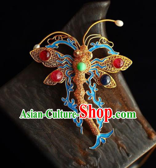 Chinese National Golden Dragonfly Brooch Jewelry Traditional Handmade Qing Dynasty Hairpin Cloisonne Hair Accessories