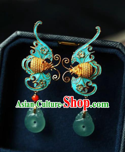 Handmade China Cheongsam Blue Bat Eardrop Accessories National Earrings Traditional Jade Jewelry