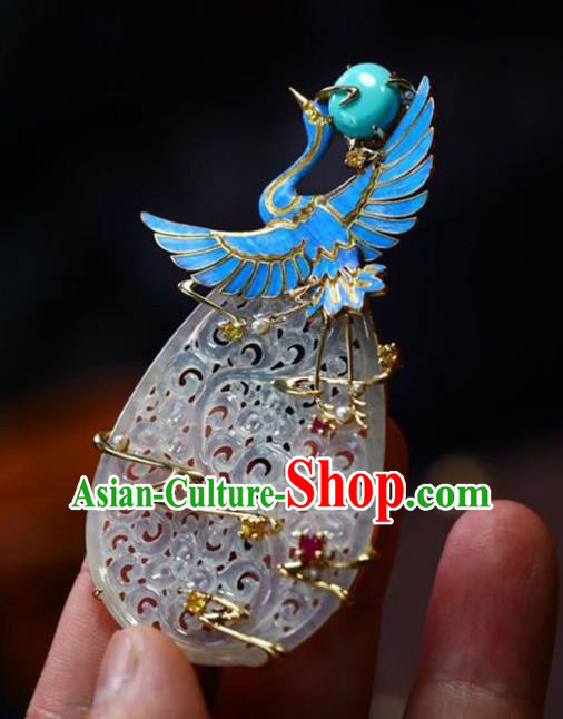 Chinese National Classical Blueing Crane Necklace Accessories Handmade Jade Carving Necklet Pendant