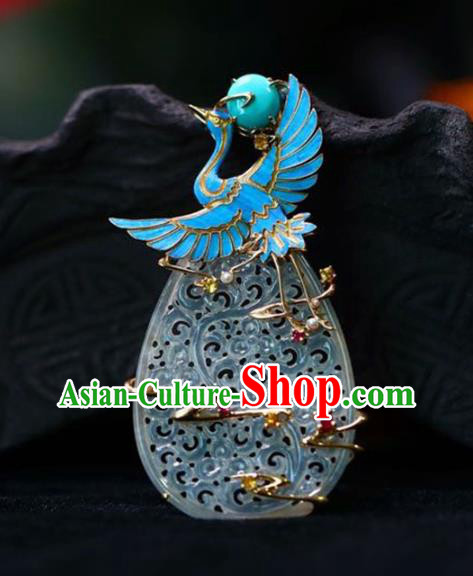 Chinese National Classical Blueing Crane Necklace Accessories Handmade Jade Carving Necklet Pendant