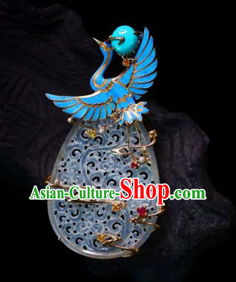Chinese National Classical Blueing Crane Necklace Accessories Handmade Jade Carving Necklet Pendant