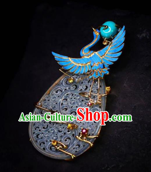 Chinese National Classical Blueing Crane Necklace Accessories Handmade Jade Carving Necklet Pendant