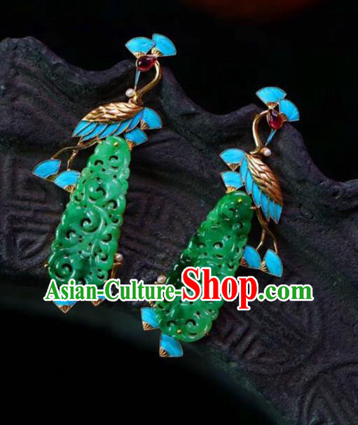 Handmade China National Jade Carving Cloud Earrings Traditional Jewelry Cheongsam Blueing Crane Eardrop Accessories