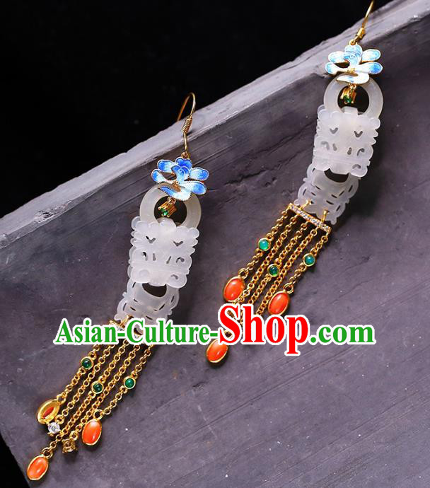 Handmade China National Tassel Earrings Traditional Blueing Jewelry Accessories Cheongsam Jade Eardrop