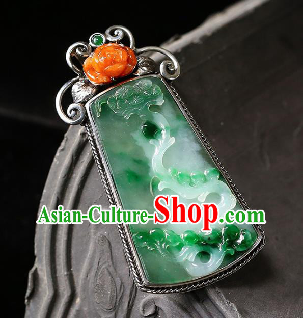 Chinese National Classical Jade Carving Necklace Accessories Handmade Silver Necklet Pendant