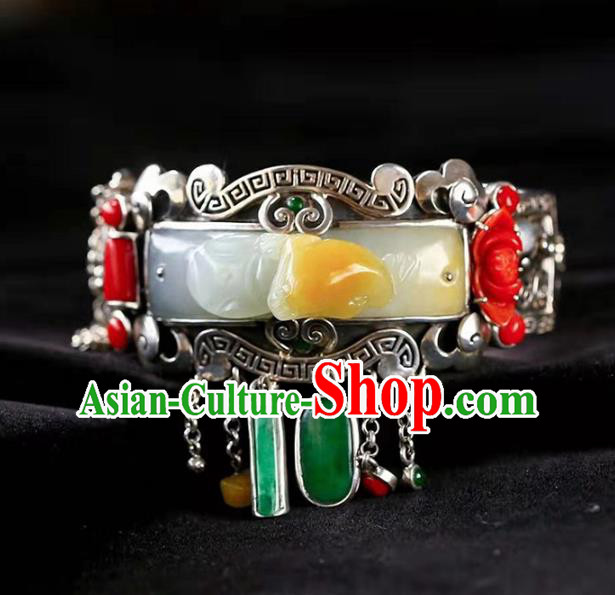 China Handmade Retro Silver Bracelet Traditional Jewelry Accessories National Jade Carving Bangle