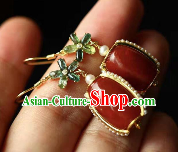 Handmade China National Agate Bucket Earrings Traditional Jewelry Accessories Cheongsam Pearls Eardrop