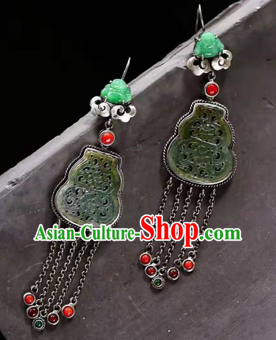 Handmade China National Jade Gourd Earrings Traditional Jewelry Accessories Cheongsam Silver Tassel Eardrop