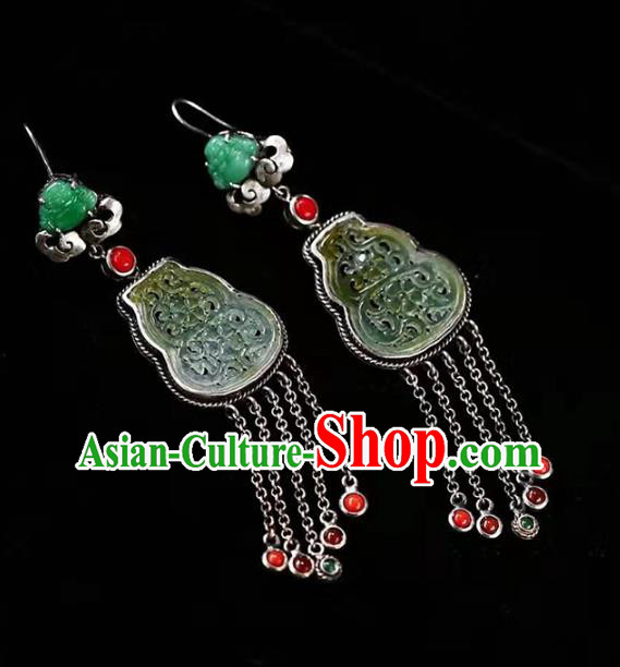 Handmade China National Jade Gourd Earrings Traditional Jewelry Accessories Cheongsam Silver Tassel Eardrop