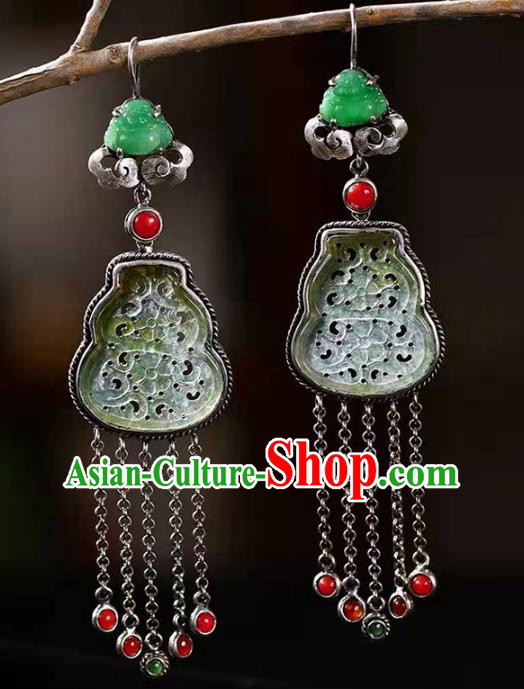 Handmade China National Jade Gourd Earrings Traditional Jewelry Accessories Cheongsam Silver Tassel Eardrop