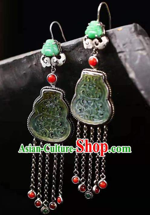 Handmade China National Jade Gourd Earrings Traditional Jewelry Accessories Cheongsam Silver Tassel Eardrop