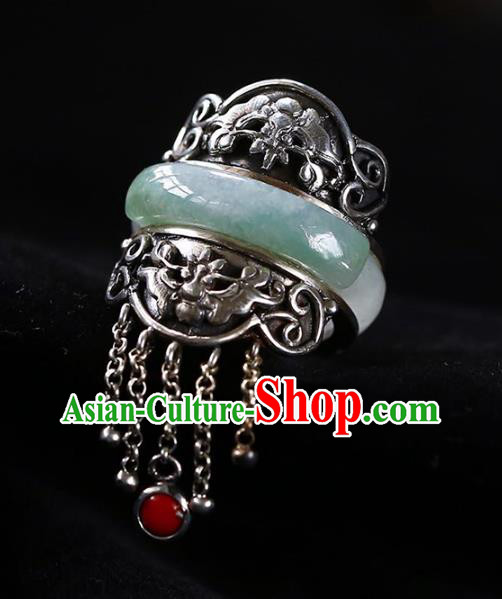 Chinese National Jade Ring Jewelry Traditional Handmade Silver Tassel Circlet Accessories