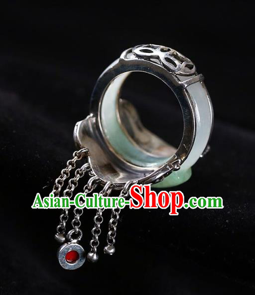 Chinese National Jade Ring Jewelry Traditional Handmade Silver Tassel Circlet Accessories