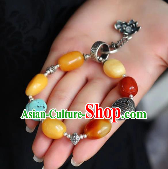 China Handmade Retro Silver Tassel Bracelet Traditional Jewelry Accessories National Beeswax Beads Bangle