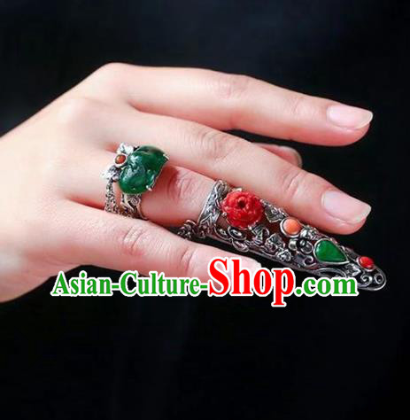 Chinese National Retro Silver Jewelry Traditional Handmade Accessories Jadeite Nail Wrap with Ring
