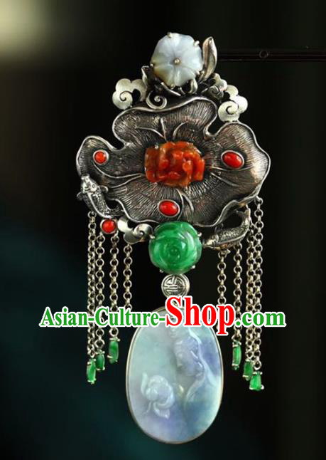 Chinese National Classical Silver Lotus Leaf Necklace Accessories Handmade Jade Goddess Guanyin Necklet Pendant