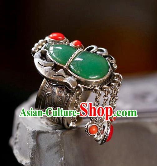 Chinese National Jadeite Gourd Ring Jewelry Traditional Handmade Agate Tassel Circlet Silver Accessories