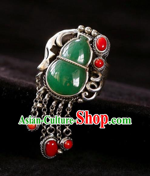 Chinese National Jadeite Gourd Ring Jewelry Traditional Handmade Agate Tassel Circlet Silver Accessories