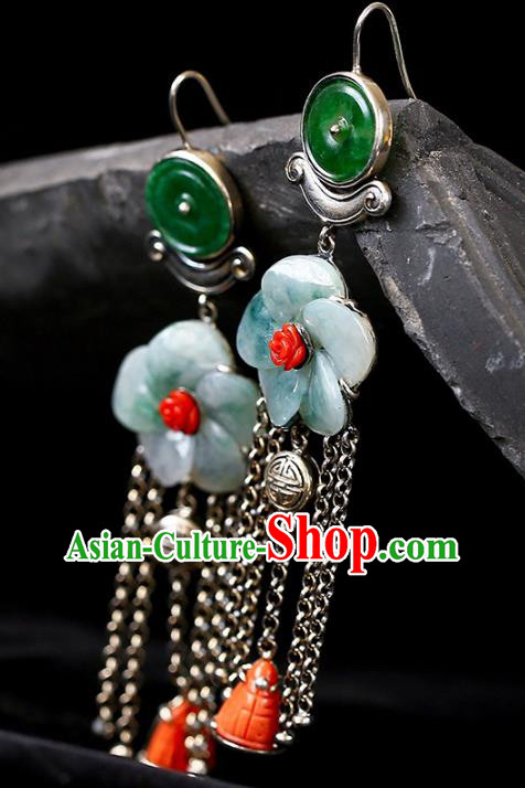 Handmade China National Silver Tassel Earrings Traditional Jewelry Accessories Cheongsam Jade Plum Eardrop