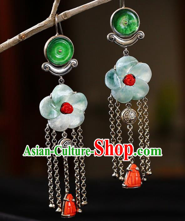 Handmade China National Silver Tassel Earrings Traditional Jewelry Accessories Cheongsam Jade Plum Eardrop