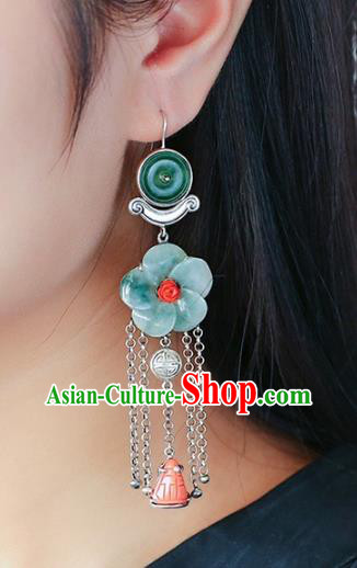 Handmade China National Silver Tassel Earrings Traditional Jewelry Accessories Cheongsam Jade Plum Eardrop