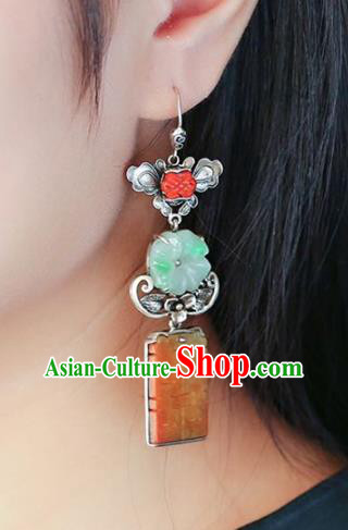 Handmade China Traditional Wedding Jewelry Accessories Cheongsam Jade Eardrop National Silver Earrings