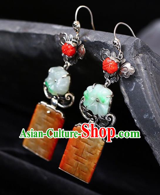 Handmade China Traditional Wedding Jewelry Accessories Cheongsam Jade Eardrop National Silver Earrings