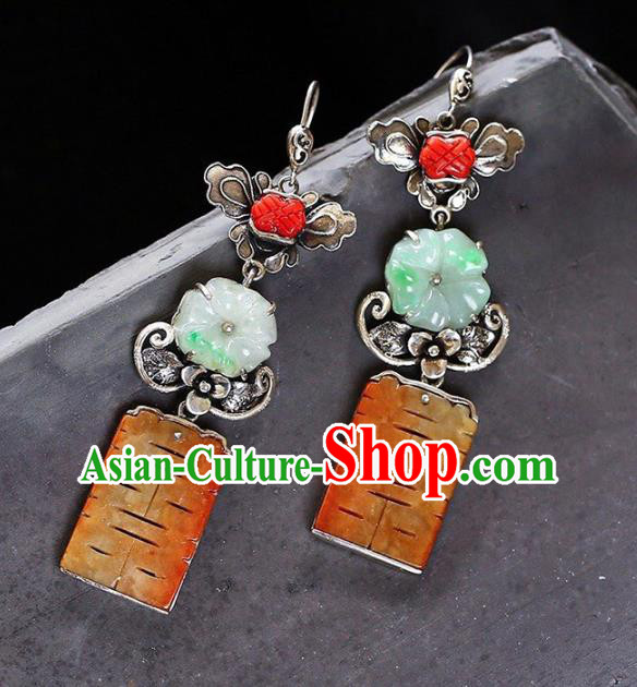 Handmade China Traditional Wedding Jewelry Accessories Cheongsam Jade Eardrop National Silver Earrings
