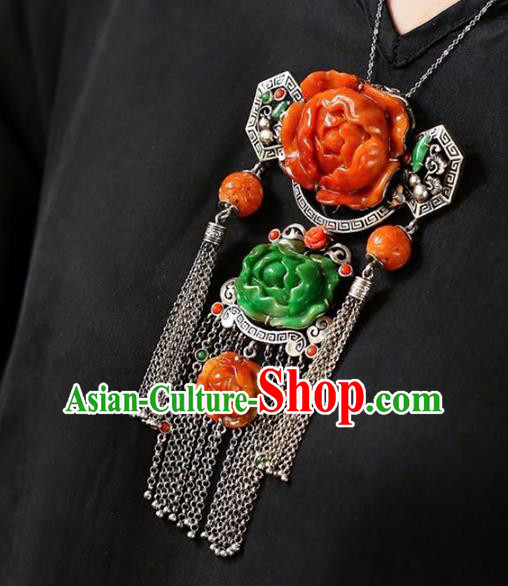 Chinese National Classical Jade Carving Peony Accessories Handmade Silver Tassel Necklet Pendant