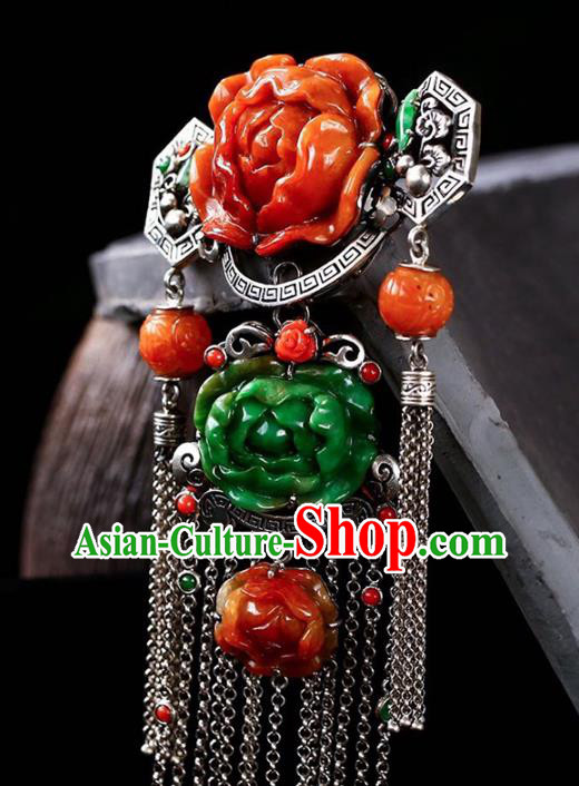 Chinese National Classical Jade Carving Peony Accessories Handmade Silver Tassel Necklet Pendant