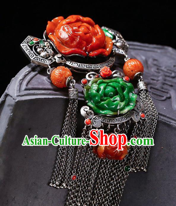 Chinese National Classical Jade Carving Peony Accessories Handmade Silver Tassel Necklet Pendant